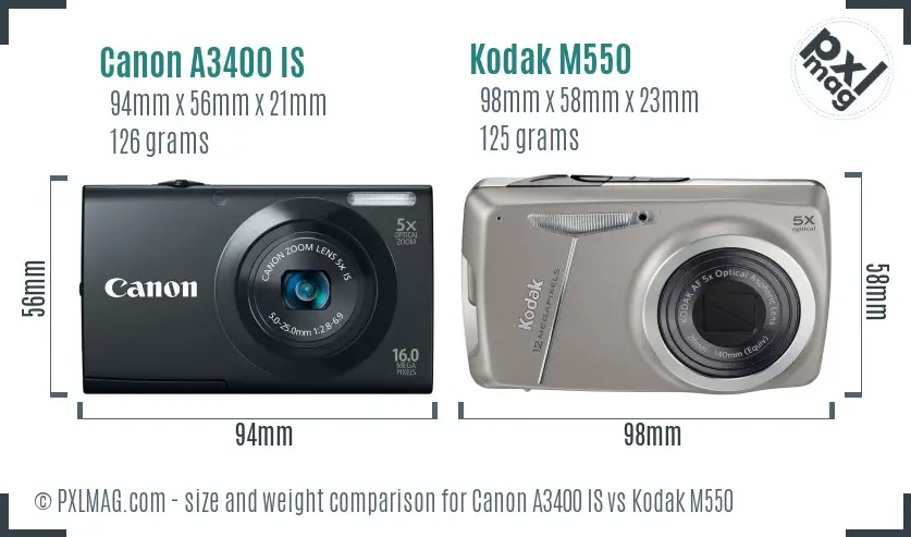Canon A3400 IS vs Kodak M550 size comparison