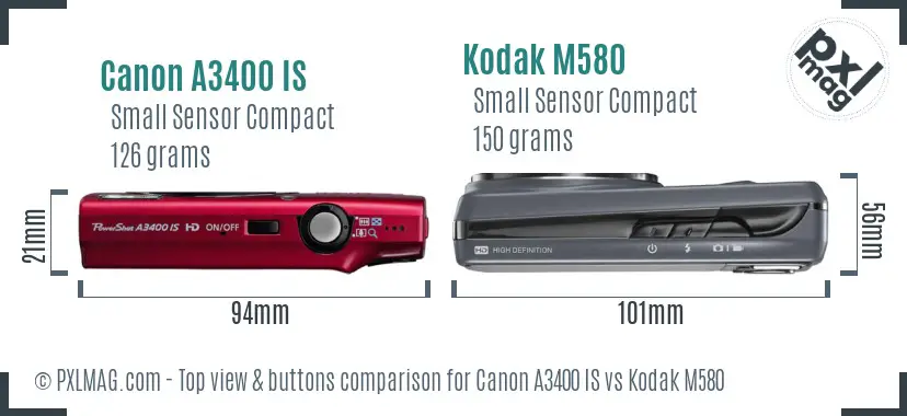 Canon A3400 IS vs Kodak M580 top view buttons comparison Canon A3400 IS vs Kodak M580 top view buttons comparison