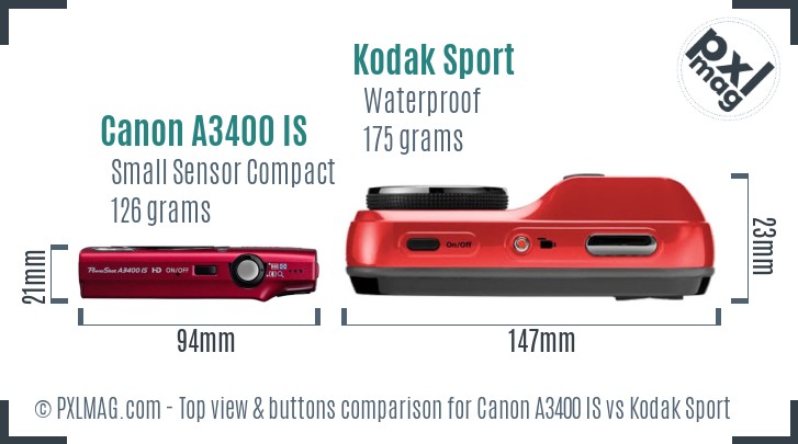 Canon A3400 IS vs Kodak Sport top view buttons comparison