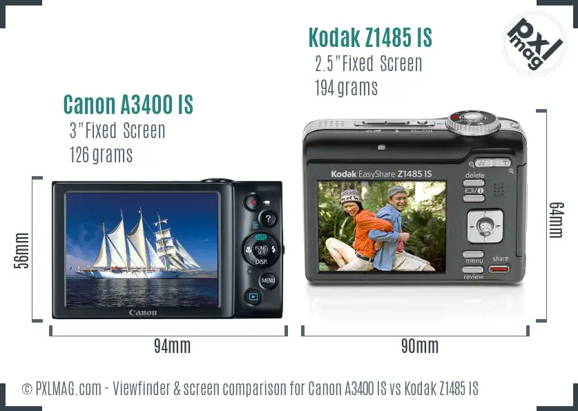 Canon A3400 IS vs Kodak Z1485 IS Screen and Viewfinder comparison