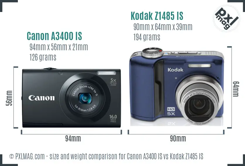 Canon A3400 IS vs Kodak Z1485 IS size comparison