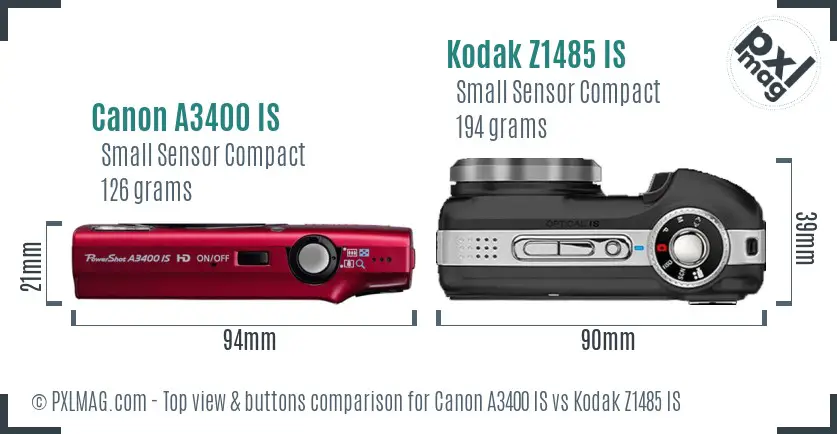 Canon A3400 IS vs Kodak Z1485 IS top view buttons comparison