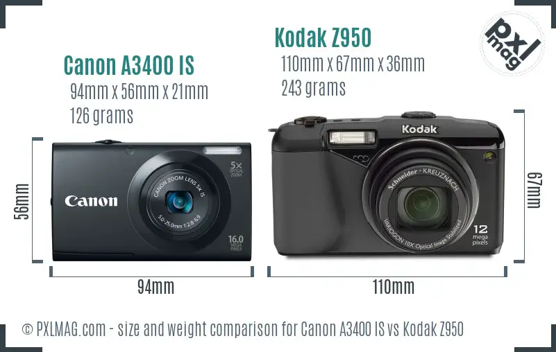 Canon A3400 IS vs Kodak Z950 size comparison