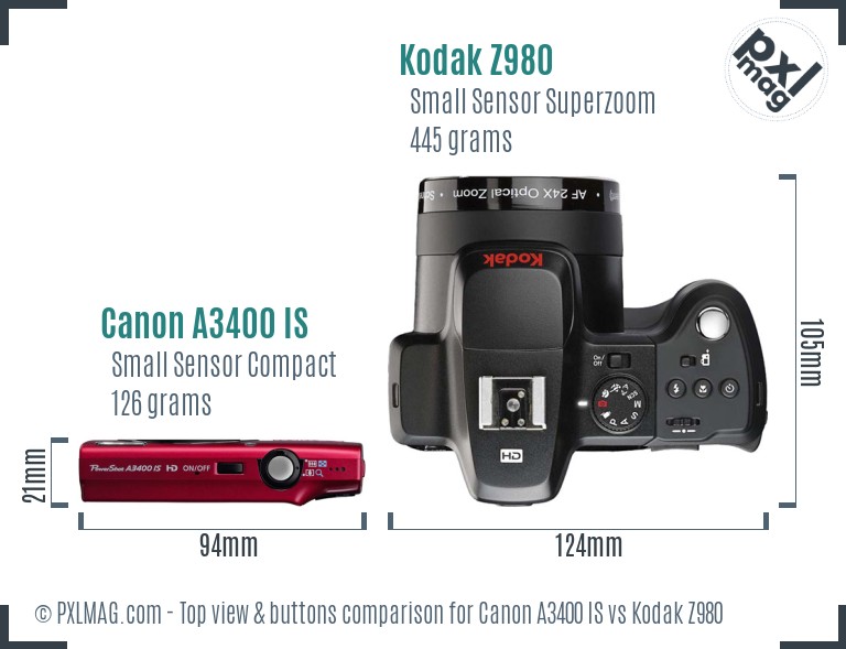 Canon A3400 IS vs Kodak Z980 top view buttons comparison