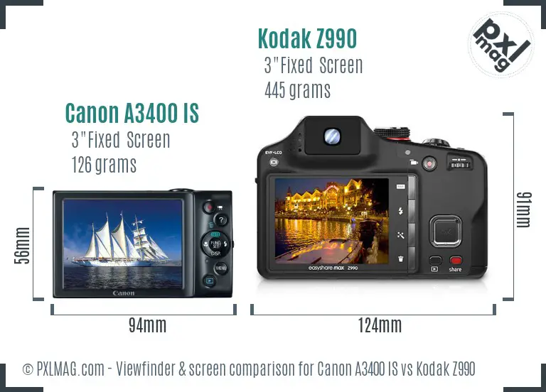 Canon A3400 IS vs Kodak Z990 Screen and Viewfinder comparison