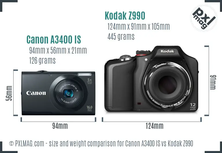 Canon A3400 IS vs Kodak Z990 size comparison