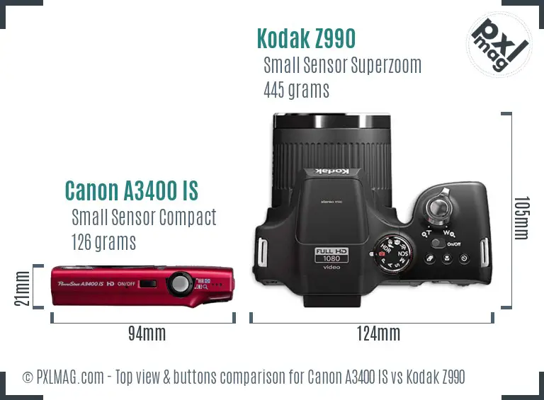 Canon A3400 IS vs Kodak Z990 top view buttons comparison
