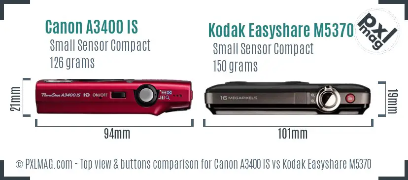 Canon A3400 IS vs Kodak Easyshare M5370 top view buttons comparison