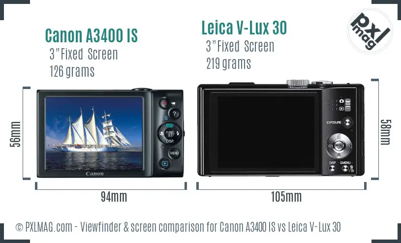 Canon A3400 IS vs Leica V-Lux 30 Screen and Viewfinder comparison