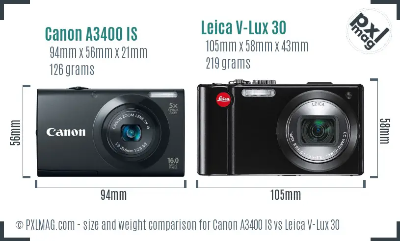 Canon A3400 IS vs Leica V-Lux 30 size comparison