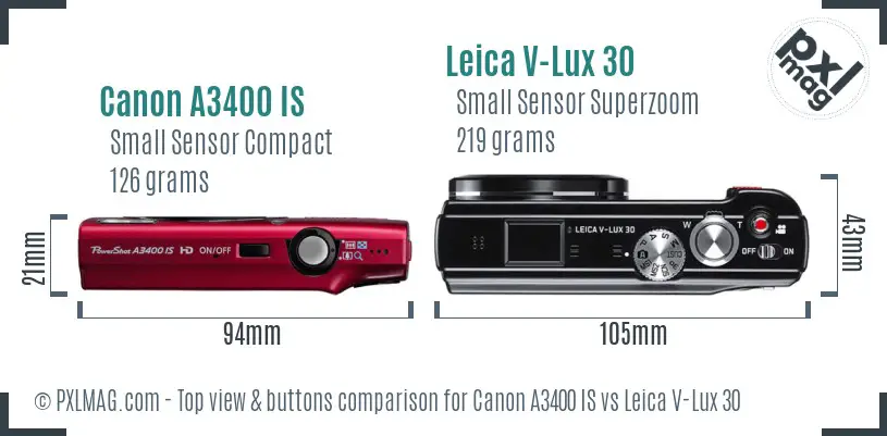 Canon A3400 IS vs Leica V-Lux 30 top view buttons comparison