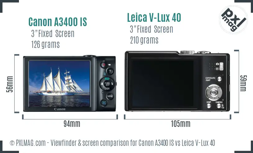 Canon A3400 IS vs Leica V-Lux 40 Screen and Viewfinder comparison