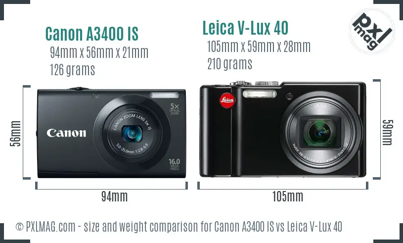 Canon A3400 IS vs Leica V-Lux 40 size comparison