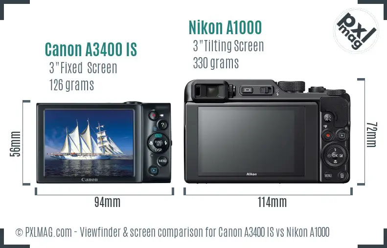 Canon A3400 IS vs Nikon A1000 Screen and Viewfinder comparison