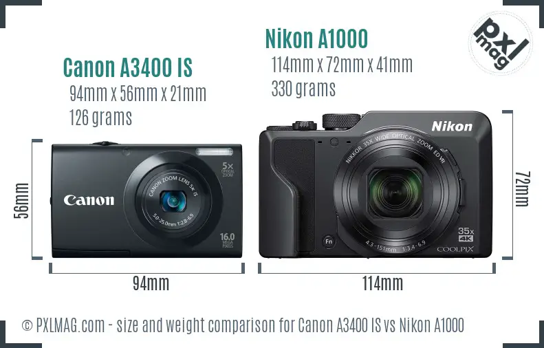 Canon A3400 IS vs Nikon A1000 size comparison