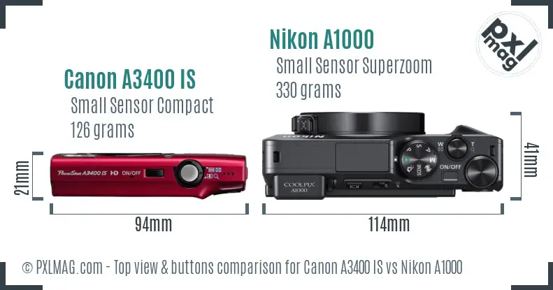 Canon A3400 IS vs Nikon A1000 top view buttons comparison