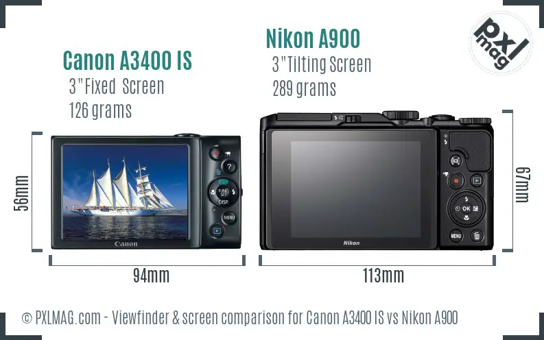 Canon A3400 IS vs Nikon A900 Screen and Viewfinder comparison