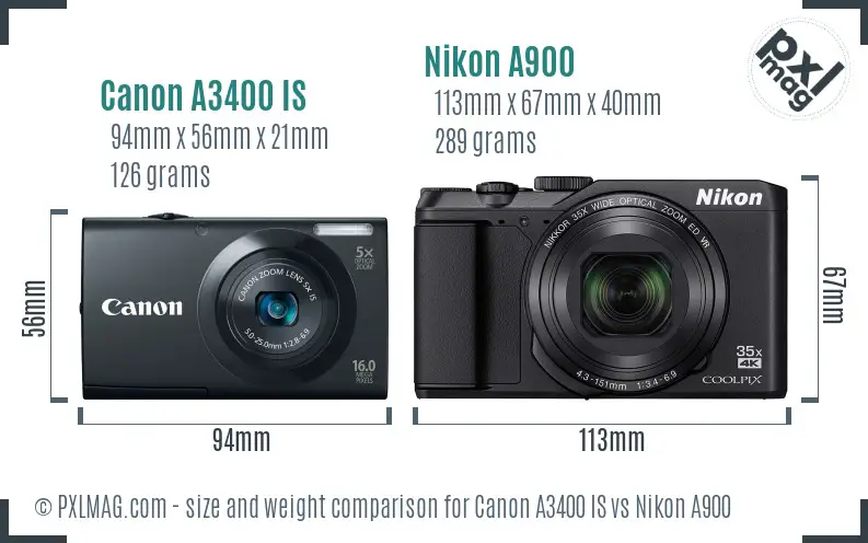 Canon A3400 IS vs Nikon A900 size comparison