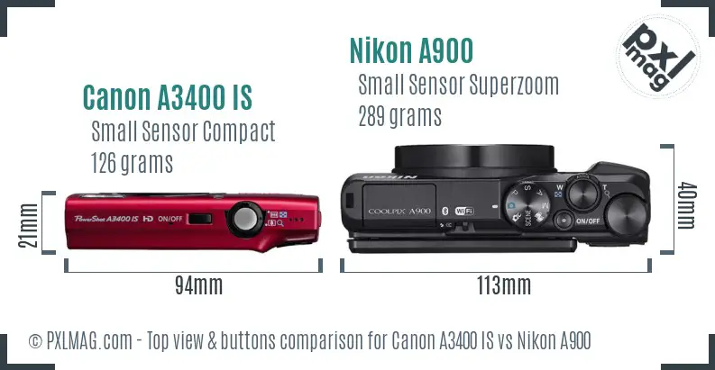 Canon A3400 IS vs Nikon A900 top view buttons comparison