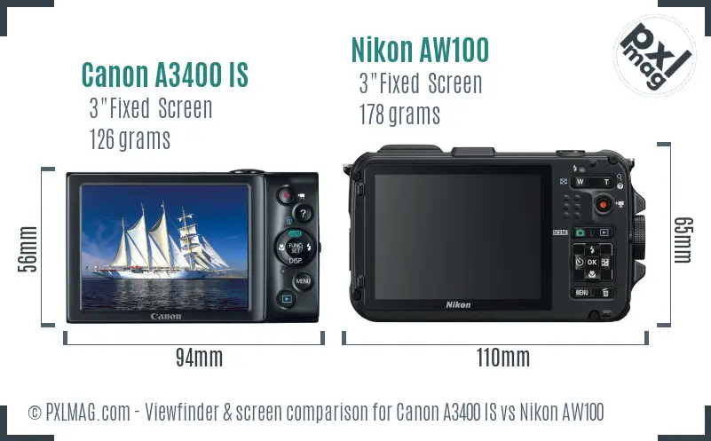 Canon A3400 IS vs Nikon AW100 Screen and Viewfinder comparison
