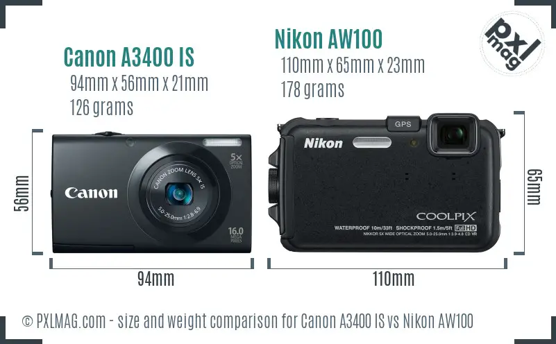 Canon A3400 IS vs Nikon AW100 size comparison