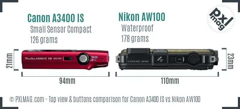 Canon A3400 IS vs Nikon AW100 top view buttons comparison