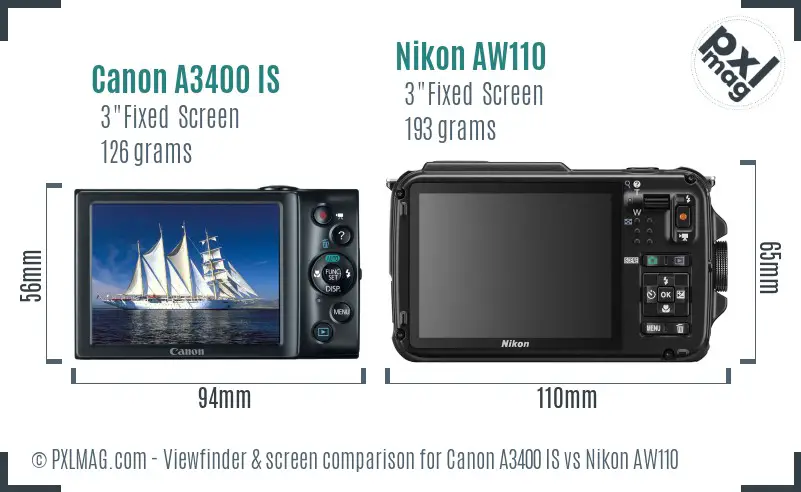 Canon A3400 IS vs Nikon AW110 Screen and Viewfinder comparison