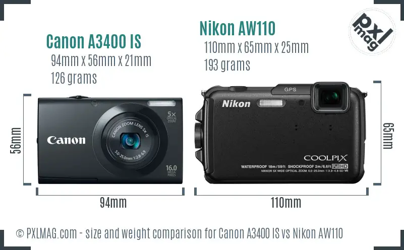 Canon A3400 IS vs Nikon AW110 size comparison