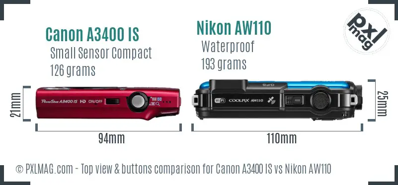 Canon A3400 IS vs Nikon AW110 top view buttons comparison