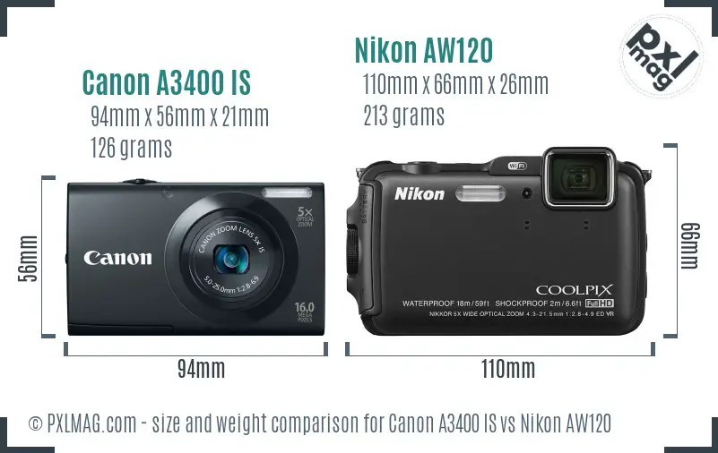 Canon A3400 IS vs Nikon AW120 size comparison