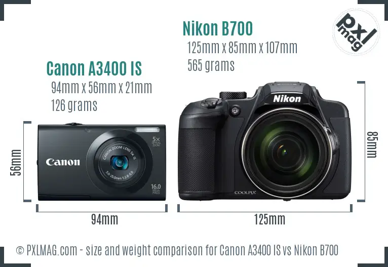 Canon A3400 IS vs Nikon B700 size comparison