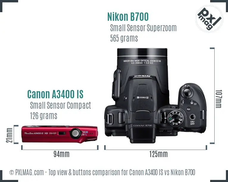 Canon A3400 IS vs Nikon B700 top view buttons comparison