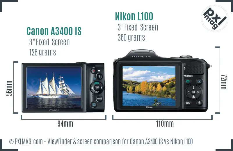 Canon A3400 IS vs Nikon L100 Screen and Viewfinder comparison