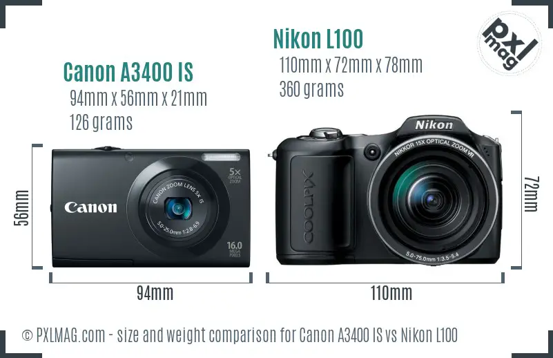 Canon A3400 IS vs Nikon L100 size comparison
