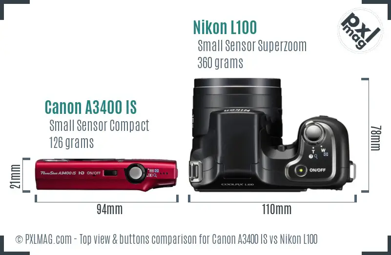 Canon A3400 IS vs Nikon L100 top view buttons comparison