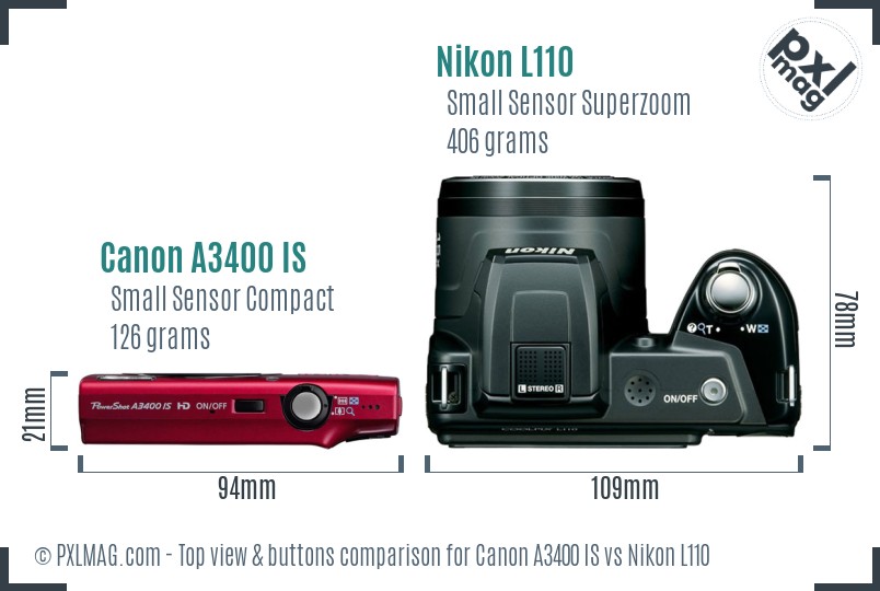 Canon A3400 IS vs Nikon L110 top view buttons comparison
