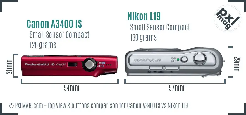 Canon A3400 IS vs Nikon L19 top view buttons comparison