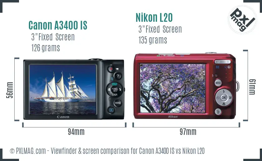 Canon A3400 IS vs Nikon L20 Screen and Viewfinder comparison