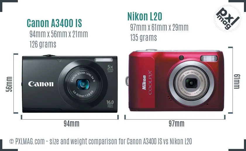 Canon A3400 IS vs Nikon L20 size comparison