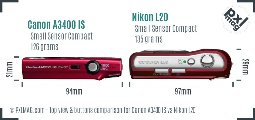 Canon A3400 IS vs Nikon L20 top view buttons comparison