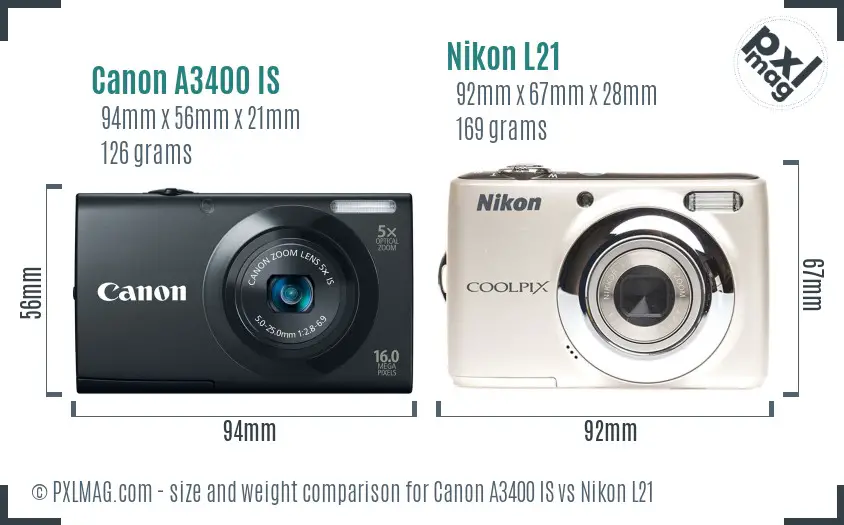 Canon A3400 IS vs Nikon L21 size comparison