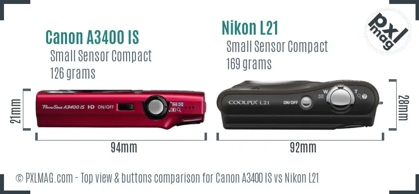 Canon A3400 IS vs Nikon L21 top view buttons comparison