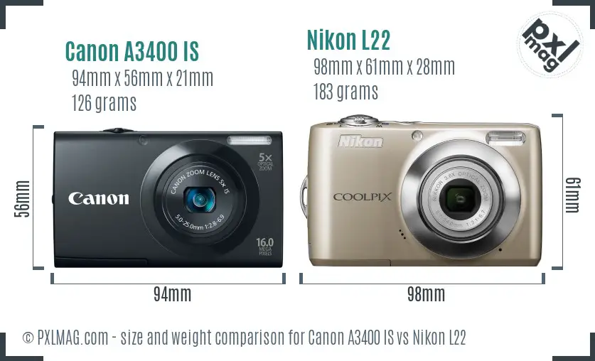 Canon A3400 IS vs Nikon L22 size comparison