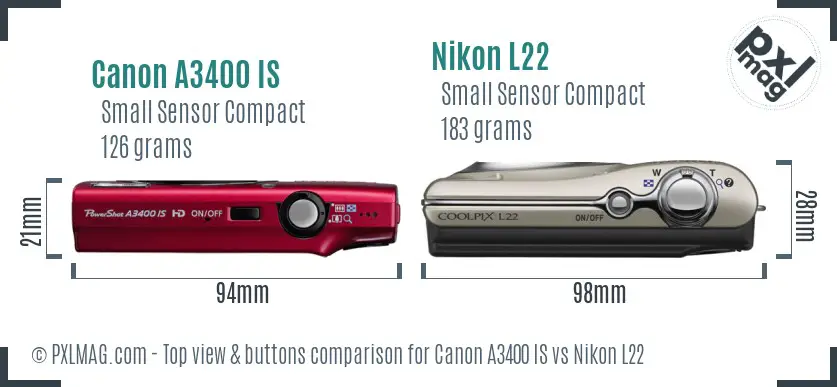 Canon A3400 IS vs Nikon L22 top view buttons comparison