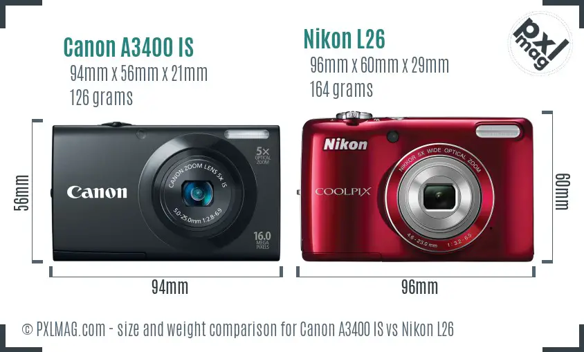 Canon A3400 IS vs Nikon L26 size comparison