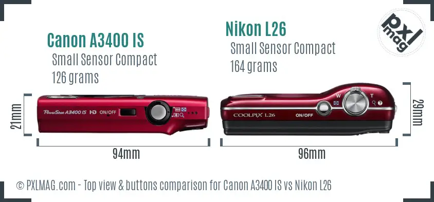 Canon A3400 IS vs Nikon L26 top view buttons comparison
