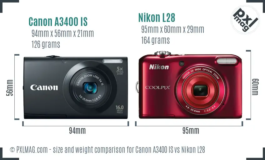 Canon A3400 IS vs Nikon L28 size comparison