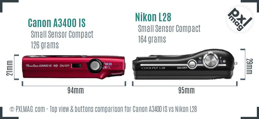 Canon A3400 IS vs Nikon L28 top view buttons comparison