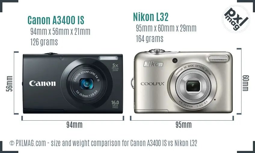 Canon A3400 IS vs Nikon L32 size comparison