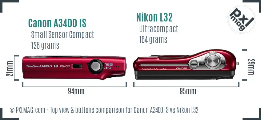 Canon A3400 IS vs Nikon L32 top view buttons comparison